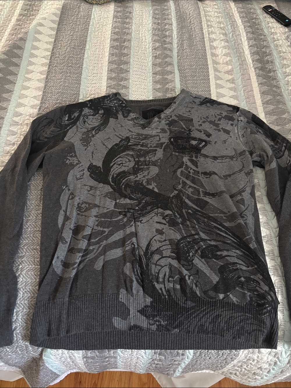 Calvin Klein Jeans Gray and Black V-Neck Graphic Sweater